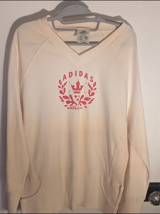 adidas Sweaters - adidas Women’s Cream V-Neck Sweatshirt with Pink Logo